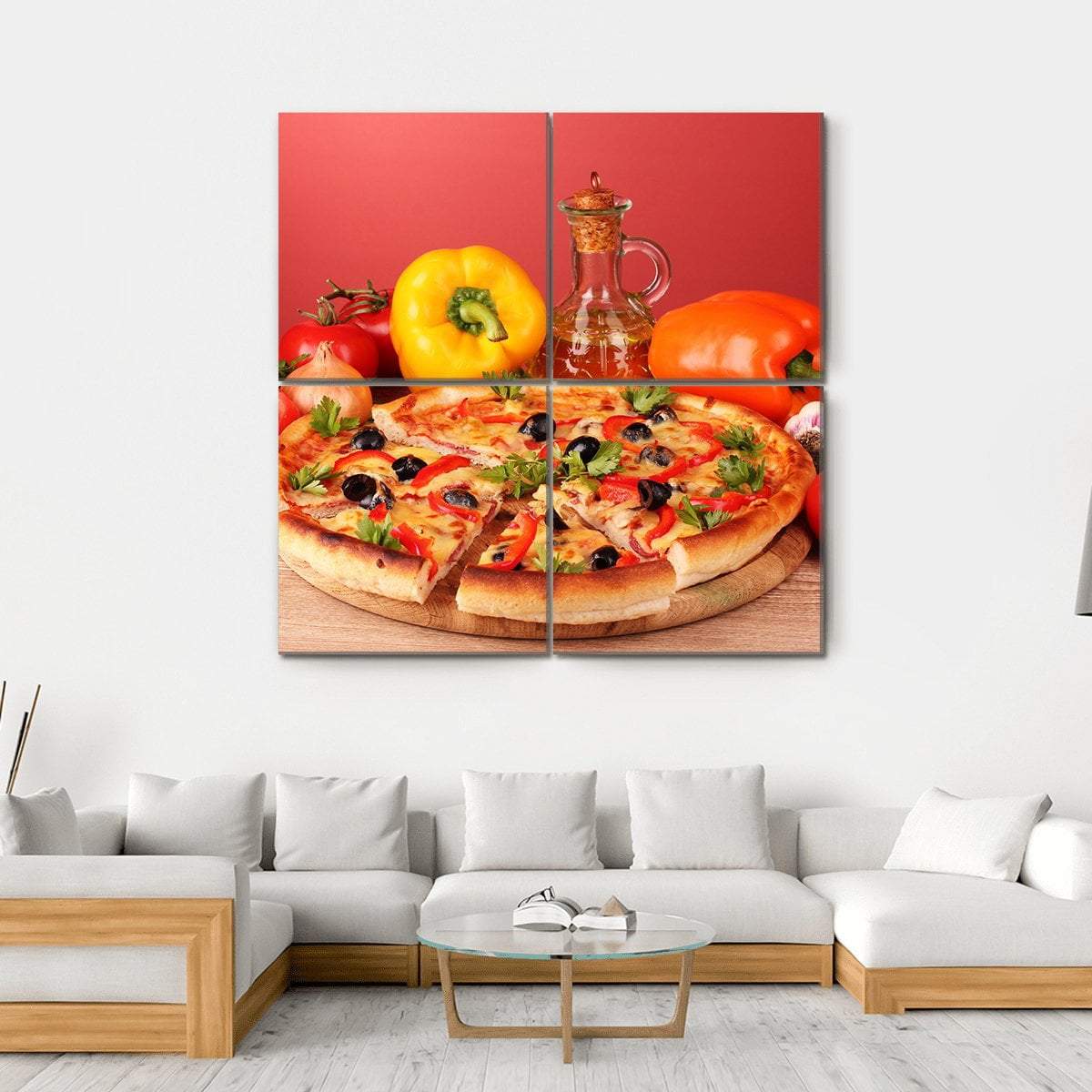 Pizza And Vegetables On A Table Canvas Wall Art-4 Square-Gallery Wrap-17" x 17"-Tiaracle