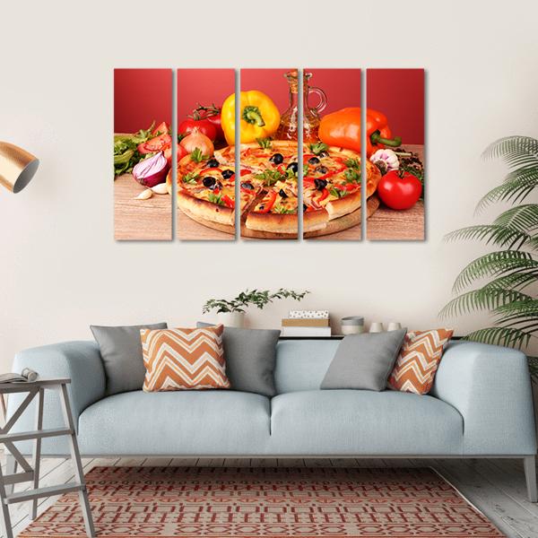 Pizza And Vegetables On A Table Canvas Wall Art-5 Horizontal-Gallery Wrap-22" x 12"-Tiaracle