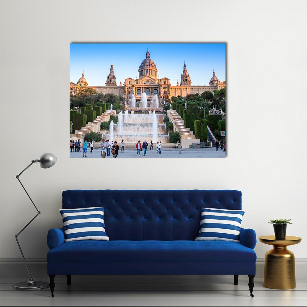 Palau Nacional at Plaça D'espanya Canvas Wall Art in beige, green and blue, single panel hung on a wall