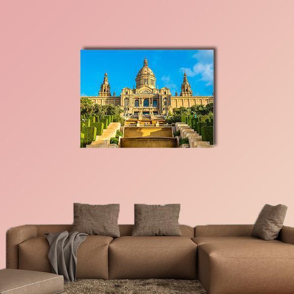 Placa De Ispania, Barcelona Spain Canvas Wall Art in beige, yellow and blue, single panel hung on a wall