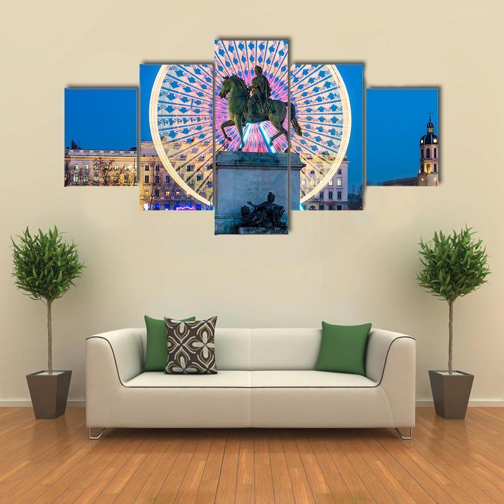 Place Bellecour Statue Of King Louis Canvas Wall Art-3 Horizontal-Gallery Wrap-37" x 24"-Tiaracle
