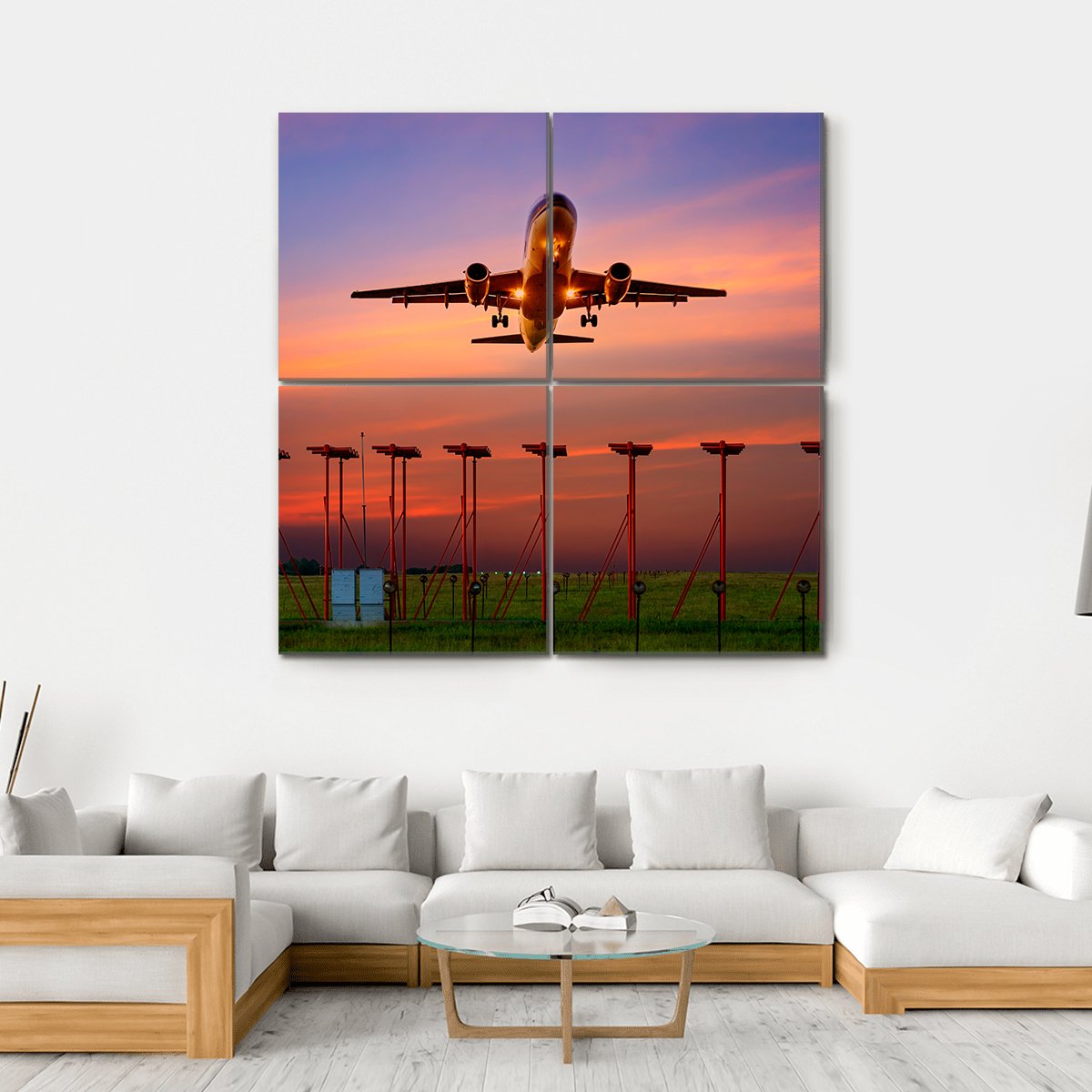 Plane Fly Up Over Take-Off Runway Canvas Wall Art-4 Square-Gallery Wrap-17" x 17"-Tiaracle