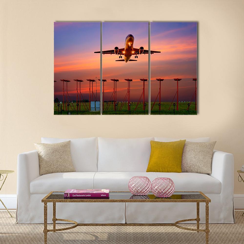 Plane Fly Up Over Take-Off Runway Canvas Wall Art-3 Horizontal-Gallery Wrap-37" x 24"-Tiaracle