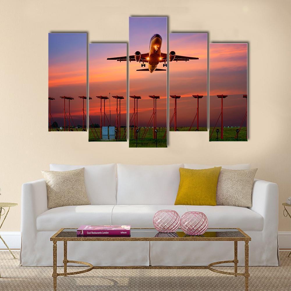 Plane Fly Up Over Take-Off Runway Canvas Wall Art-5 Pop-Gallery Wrap-47" x 32"-Tiaracle