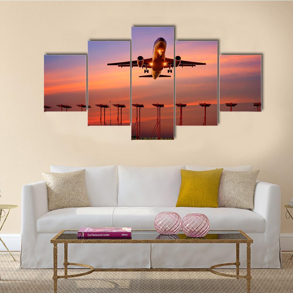 Plane Fly Up Over Take-Off Runway Canvas Wall Art-5 Star-Gallery Wrap-62" x 32"-Tiaracle