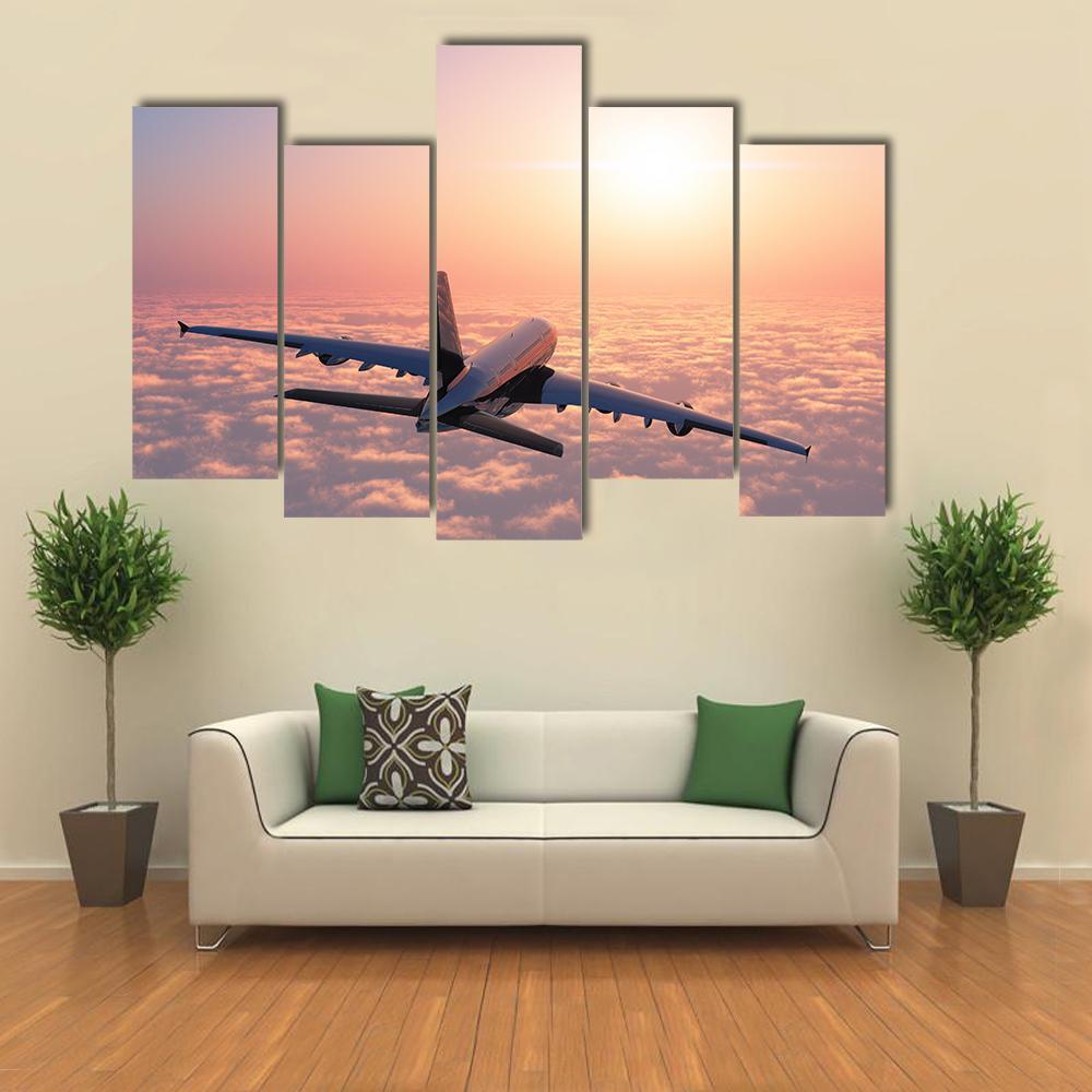 Plane Flying Above The Clouds Canvas Wall Art-5 Pop-Gallery Wrap-47" x 32"-Tiaracle