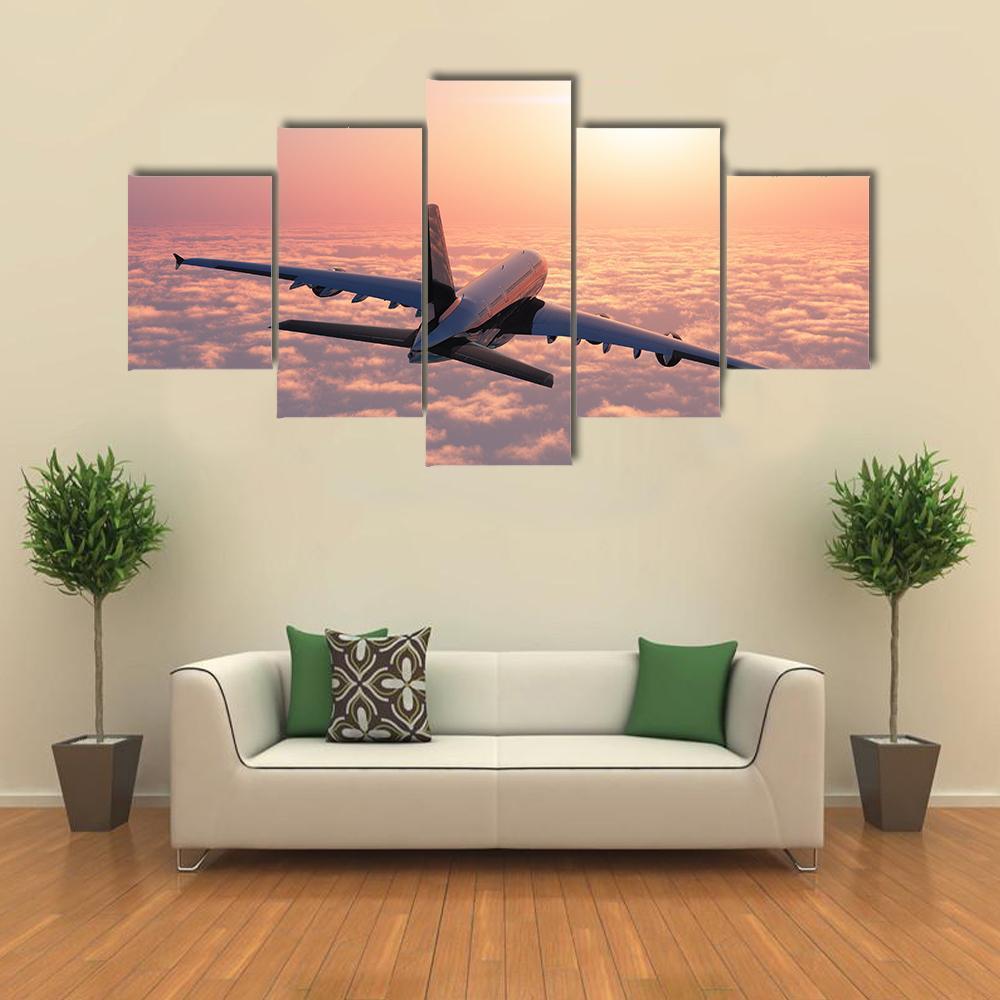 Plane Flying Above The Clouds Canvas Wall Art-5 Star-Gallery Wrap-62" x 32"-Tiaracle