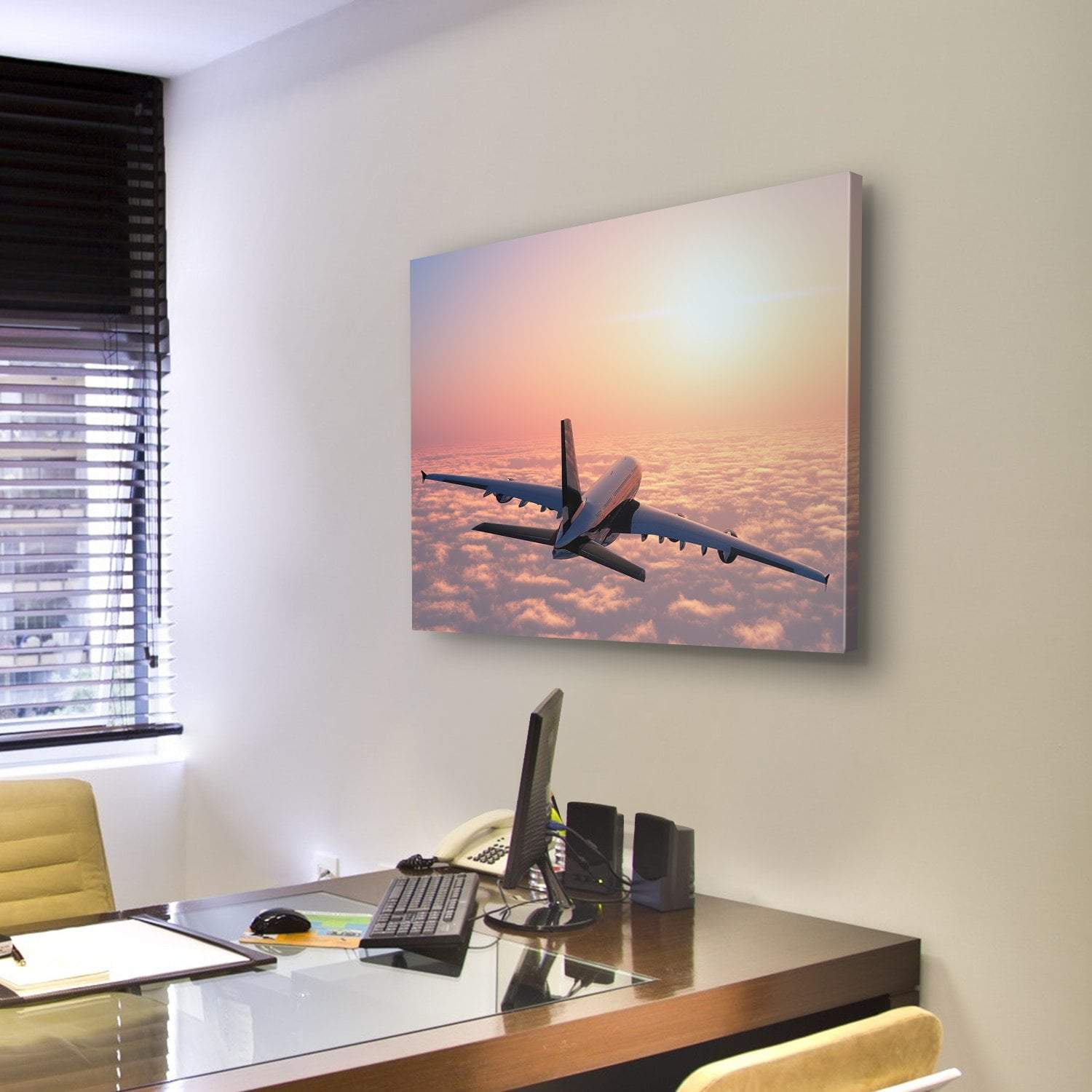Plane Flying Above The Clouds Canvas Wall Art-5 Star-Gallery Wrap-62" x 32"-Tiaracle