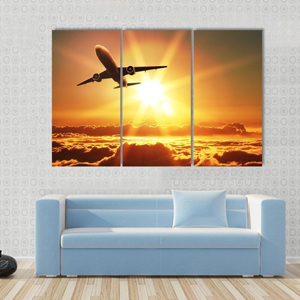 Plane Takes Off At Sunrise Canvas Wall Art-3 Horizontal-Gallery Wrap-37" x 24"-Tiaracle