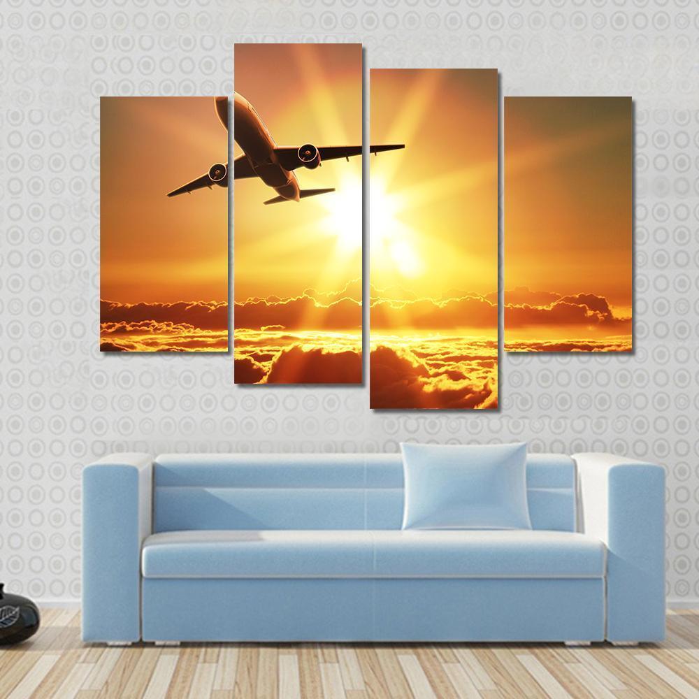 Plane Takes Off At Sunrise Canvas Wall Art-4 Pop-Gallery Wrap-50" x 32"-Tiaracle
