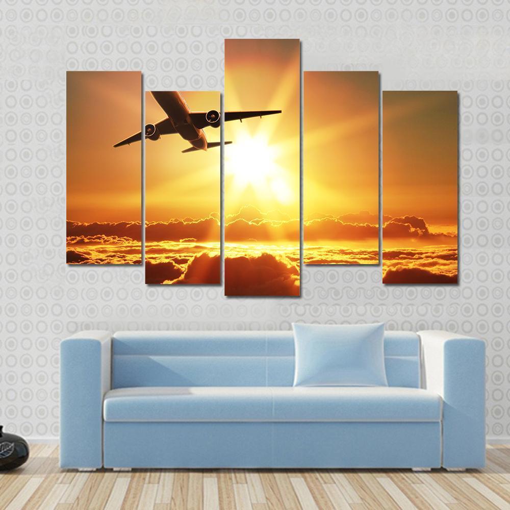 Plane Takes Off At Sunrise Canvas Wall Art-5 Pop-Gallery Wrap-47" x 32"-Tiaracle