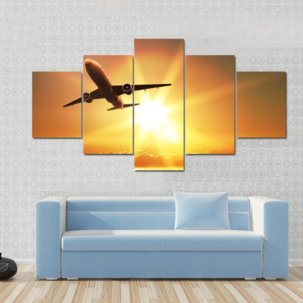 Plane Takes Off At Sunrise Canvas Wall Art-5 Star-Gallery Wrap-62" x 32"-Tiaracle