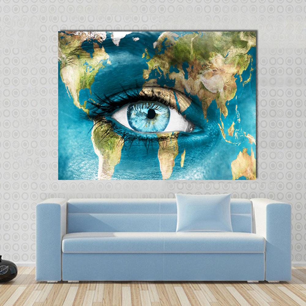 Planet Earth And Blue Human Eye Canvas Wall Art-1 Piece-Gallery Wrap-24" x 16"-Tiaracle