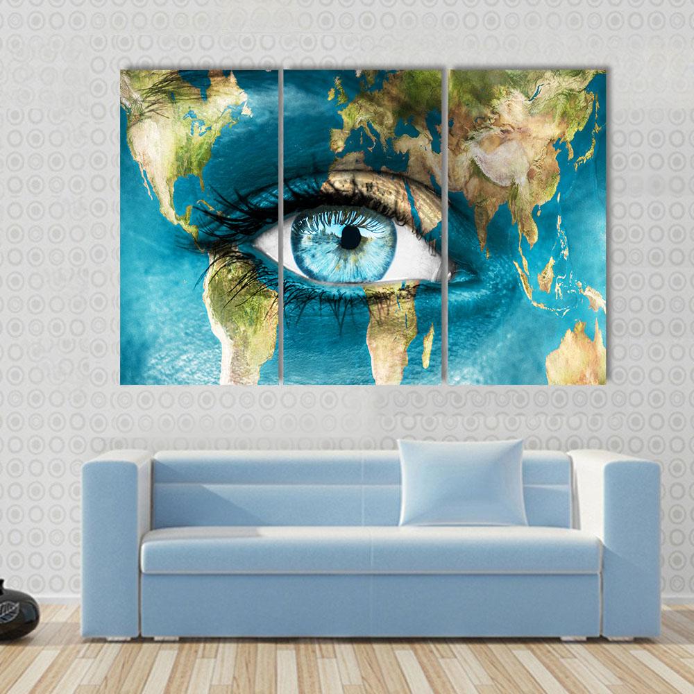Planet Earth And Blue Human Eye Canvas Wall Art-3 Horizontal-Gallery Wrap-25" x 16"-Tiaracle