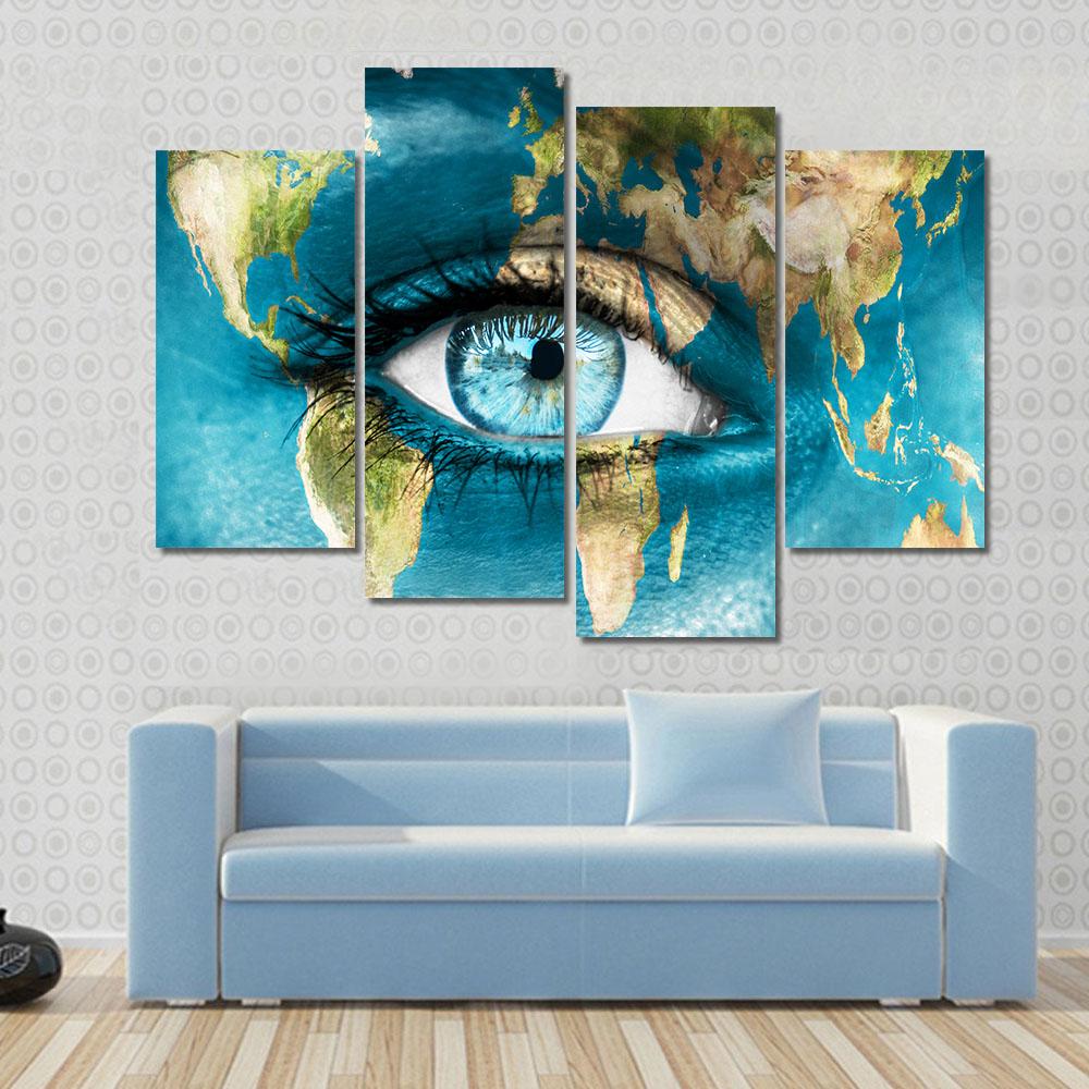 Planet Earth And Blue Human Eye Canvas Wall Art-4 Pop-Gallery Wrap-34" x 20"-Tiaracle
