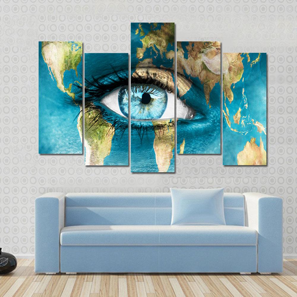 Planet Earth And Blue Human Eye Canvas Wall Art-5 Pop-Gallery Wrap-32" x 21"-Tiaracle