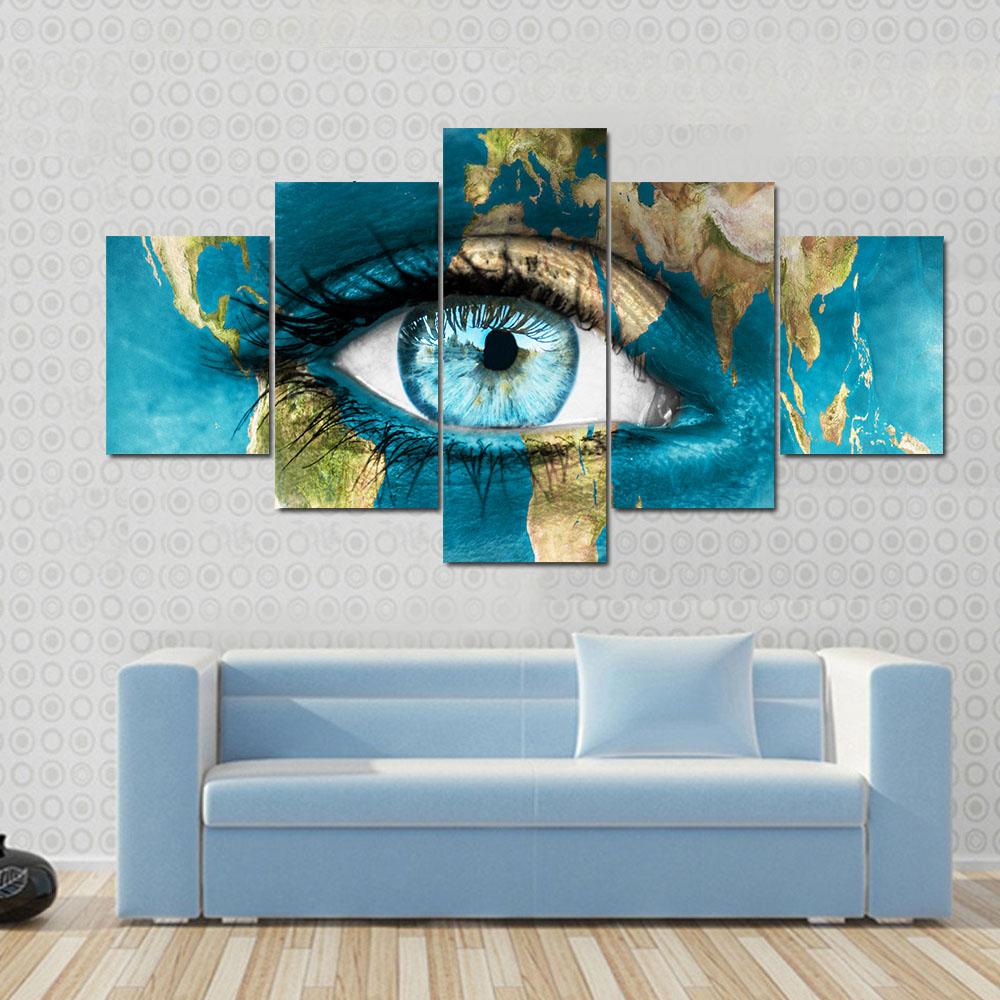 Planet Earth And Blue Human Eye Canvas Wall Art-5 Star-Gallery Wrap-42" x 21"-Tiaracle