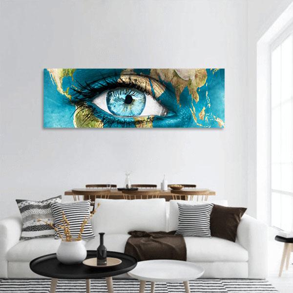 Planet Earth And Blue Human Eye Panoramic Canvas Wall Art-1 Piece-36" x 12"-Tiaracle