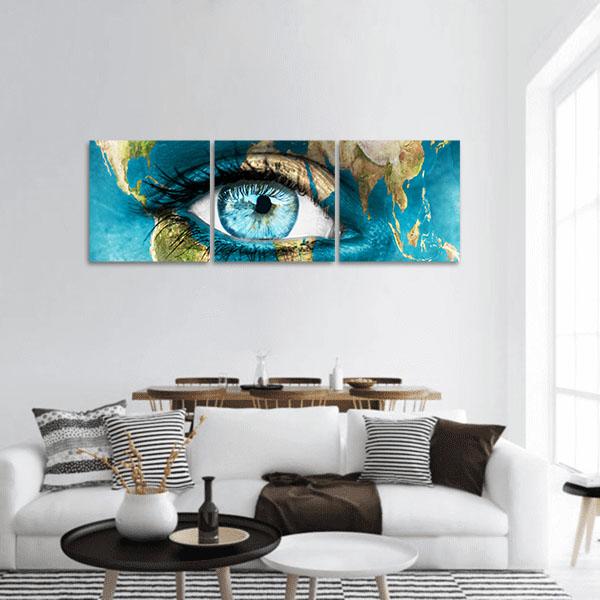Planet Earth And Blue Human Eye Panoramic Canvas Wall Art-3 Piece-25" x 08"-Tiaracle