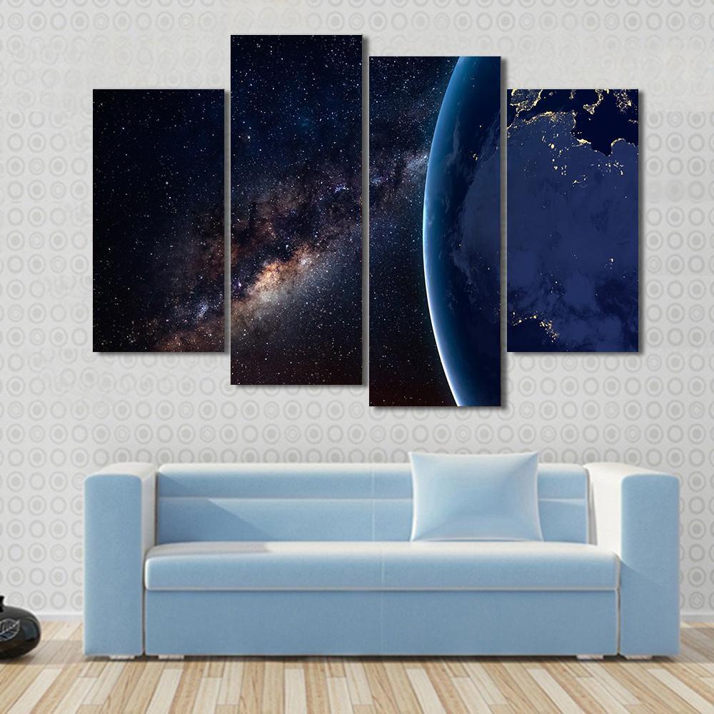 Planet Earth and Milky Way At Night Canvas Wall Art-3 Horizontal-Gallery Wrap-37" x 24"-Tiaracle