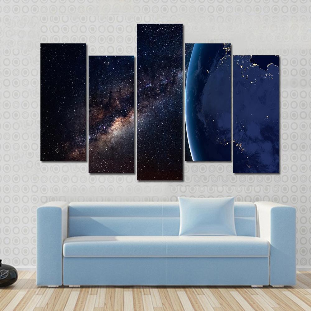 Planet Earth and Milky Way At Night Canvas Wall Art-5 Pop-Gallery Wrap-47" x 32"-Tiaracle