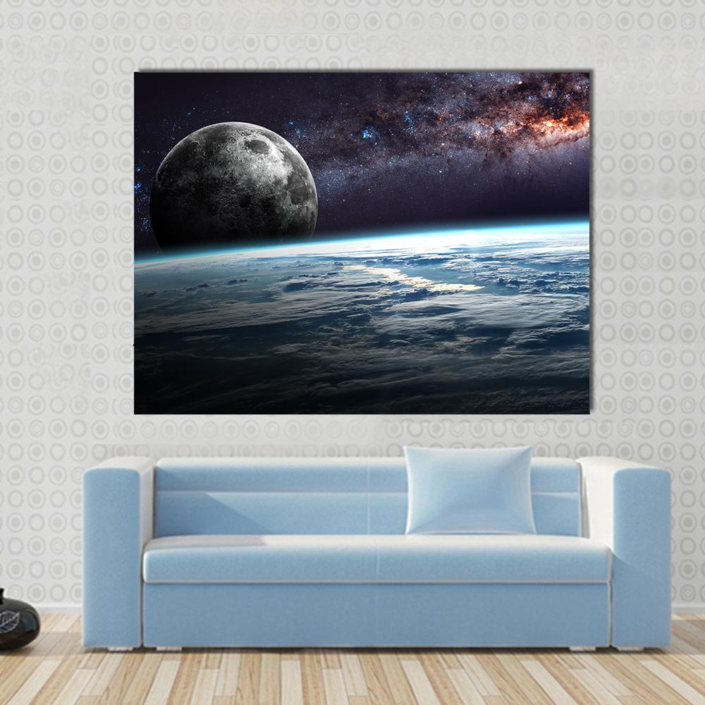 Planet Earth and Moon Illustration Canvas Wall Art in black, gray and blue, single panel hung on a wall