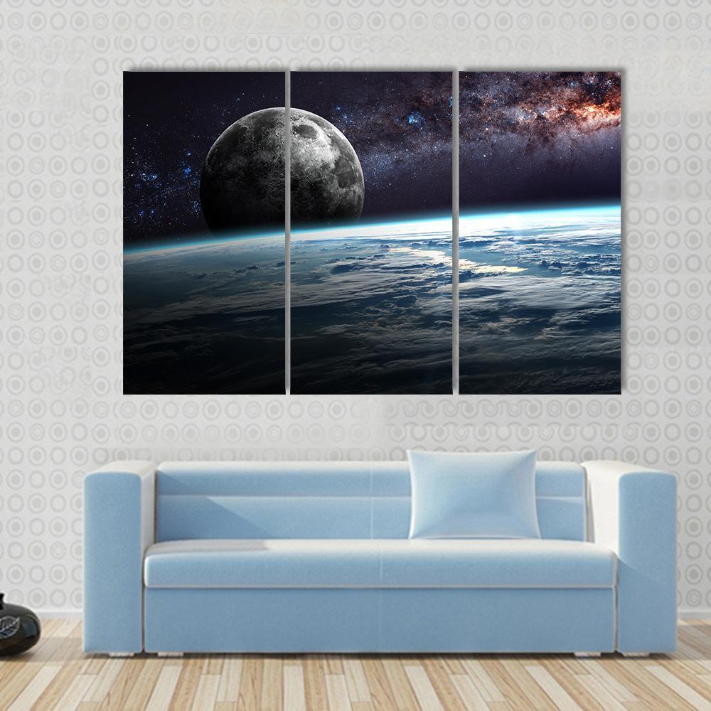 Planet Earth and Moon Illustration Canvas Wall Art-3 Horizontal-Gallery Wrap-37" x 24"-Tiaracle
