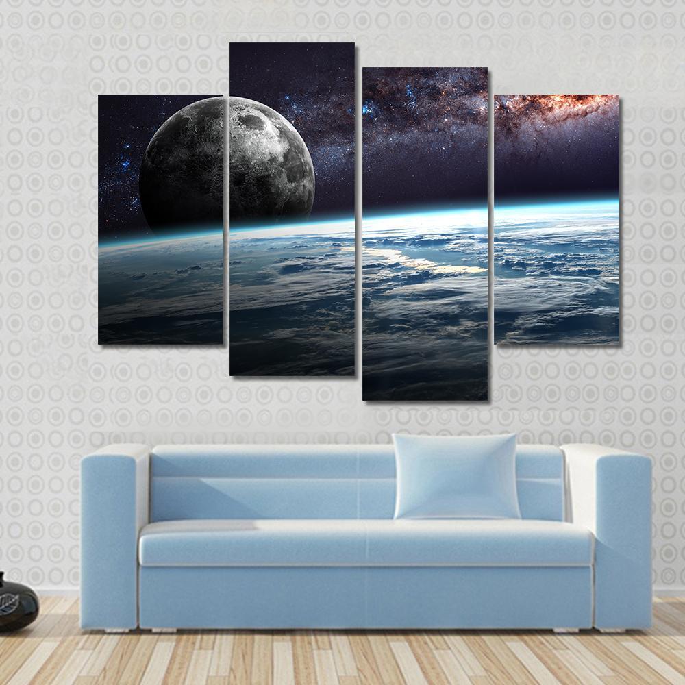 Planet Earth and Moon Illustration Canvas Wall Art-4 Pop-Gallery Wrap-50" x 32"-Tiaracle