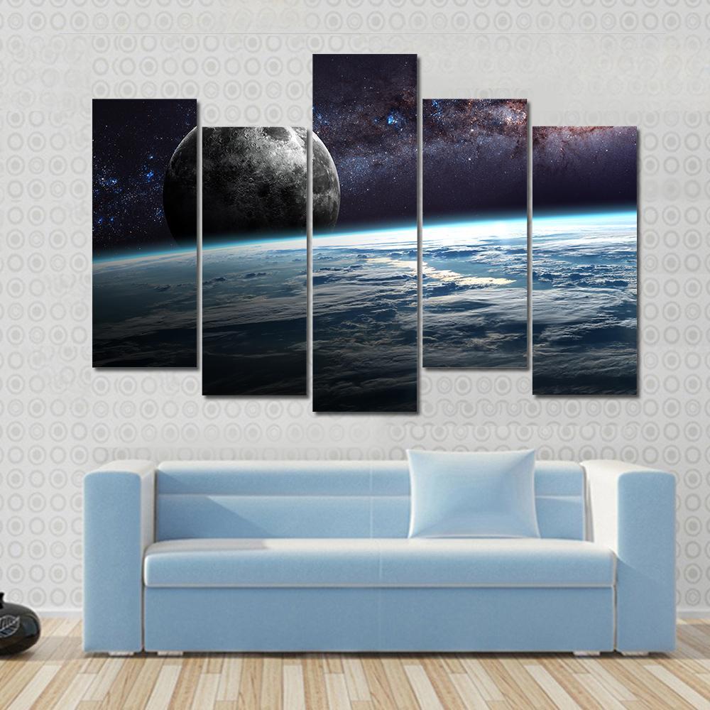 Planet Earth and Moon Illustration Canvas Wall Art-5 Pop-Gallery Wrap-47" x 32"-Tiaracle