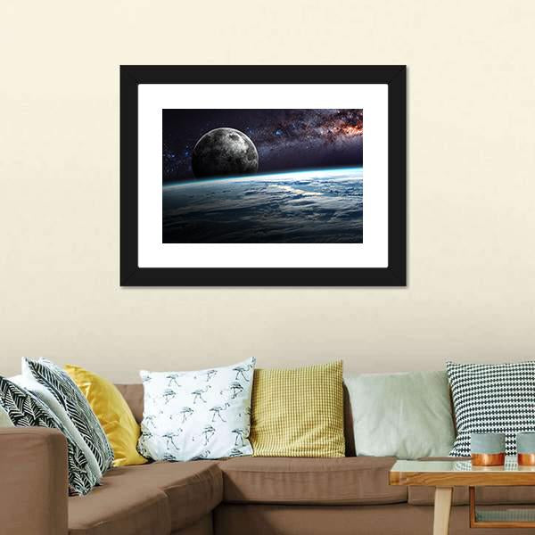 Planet Earth and Moon Illustration Canvas Wall Art-1 Piece-Framed Print-20" x 16"-Tiaracle