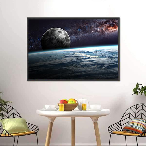 Planet Earth and Moon Illustration Canvas Wall Art-1 Piece-Floating Frame-24" x 16"-Tiaracle