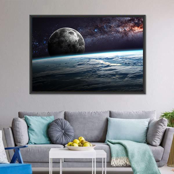 Planet Earth and Moon Illustration Canvas Wall Art-3 Horizontal-Gallery Wrap-25" x 16"-Tiaracle