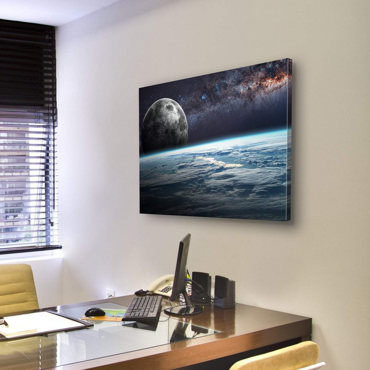 Planet Earth and Moon Illustration Canvas Wall Art-3 Horizontal-Gallery Wrap-25" x 16"-Tiaracle