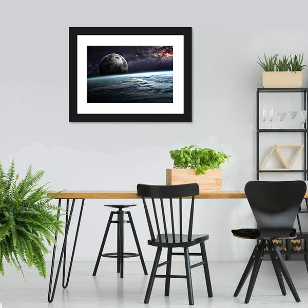Planet Earth and Moon Illustration Canvas Wall Art-3 Horizontal-Gallery Wrap-25" x 16"-Tiaracle