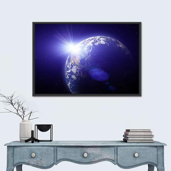 Planet Earth And Sun View From Outer Space Canvas Wall Art-1 Piece-Floating Frame-24" x 16"-Tiaracle