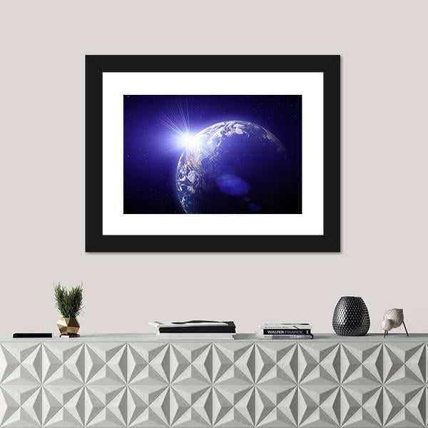 Planet Earth And Sun View From Outer Space Canvas Wall Art-1 Piece-Framed Print-20" x 16"-Tiaracle