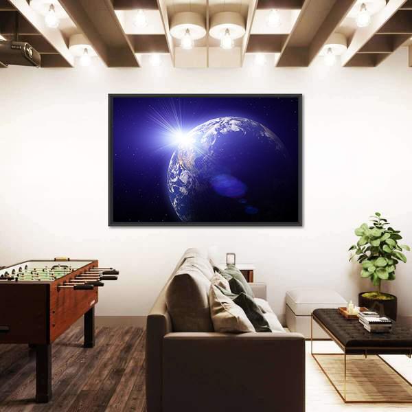 Planet Earth And Sun View From Outer Space Canvas Wall Art-3 Horizontal-Gallery Wrap-25" x 16"-Tiaracle