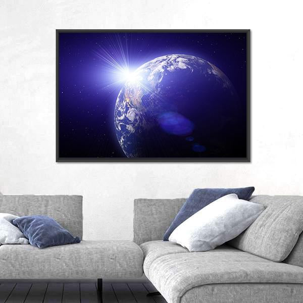 Planet Earth And Sun View From Outer Space Canvas Wall Art-3 Horizontal-Gallery Wrap-25" x 16"-Tiaracle