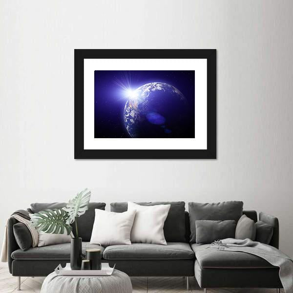 Planet Earth And Sun View From Outer Space Canvas Wall Art-3 Horizontal-Gallery Wrap-25" x 16"-Tiaracle