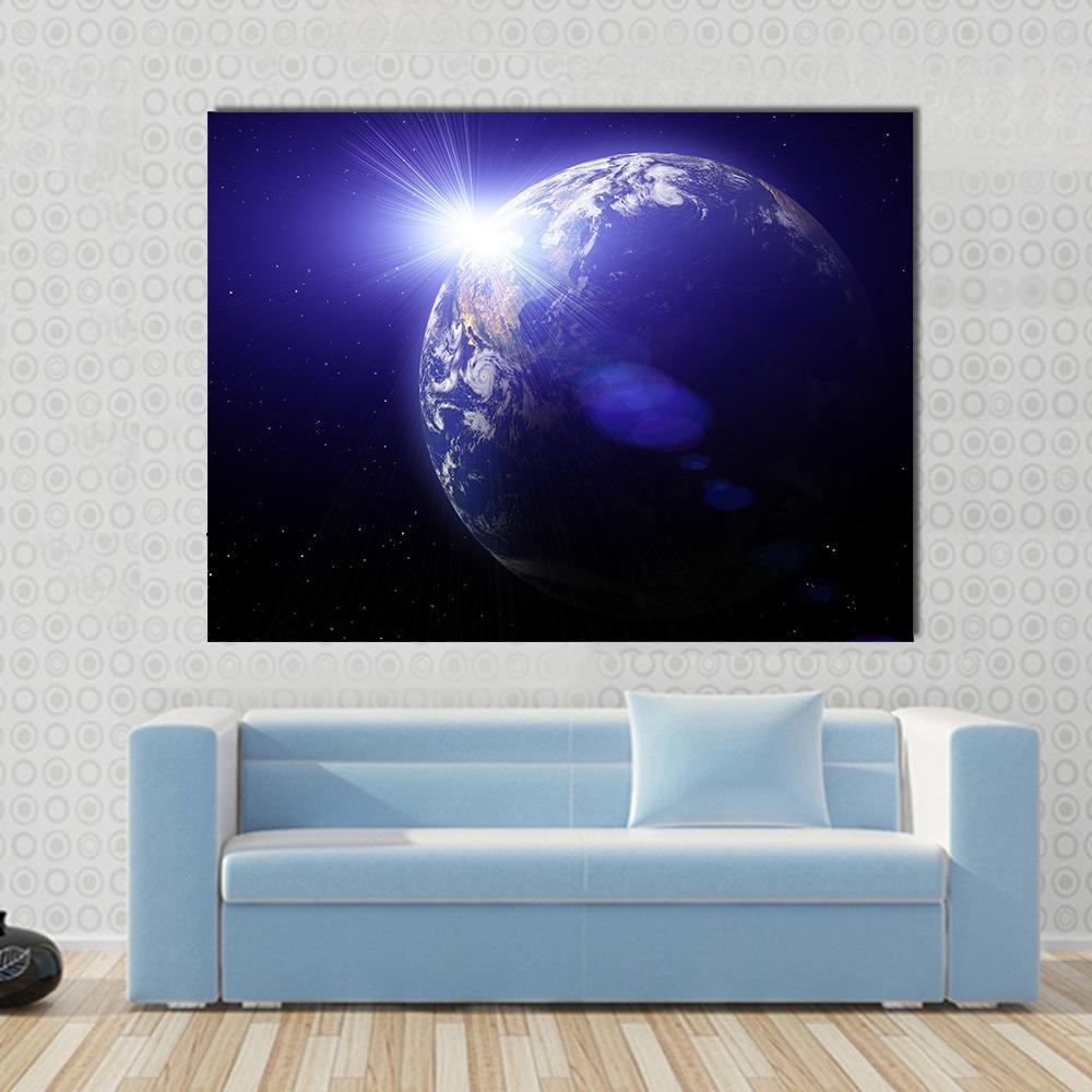 Planet Earth and Sun View from Outer Space Canvas Wall Art in black, white and blue, single panel hung on a wall