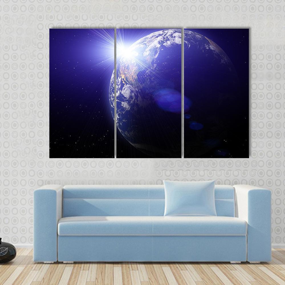 Planet Earth And Sun View From Outer Space Canvas Wall Art-3 Horizontal-Gallery Wrap-37" x 24"-Tiaracle