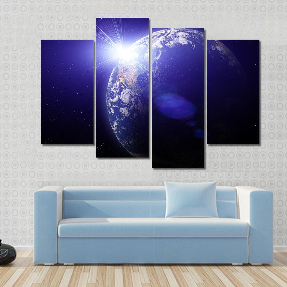 Planet Earth And Sun View From Outer Space Canvas Wall Art-4 Pop-Gallery Wrap-50" x 32"-Tiaracle
