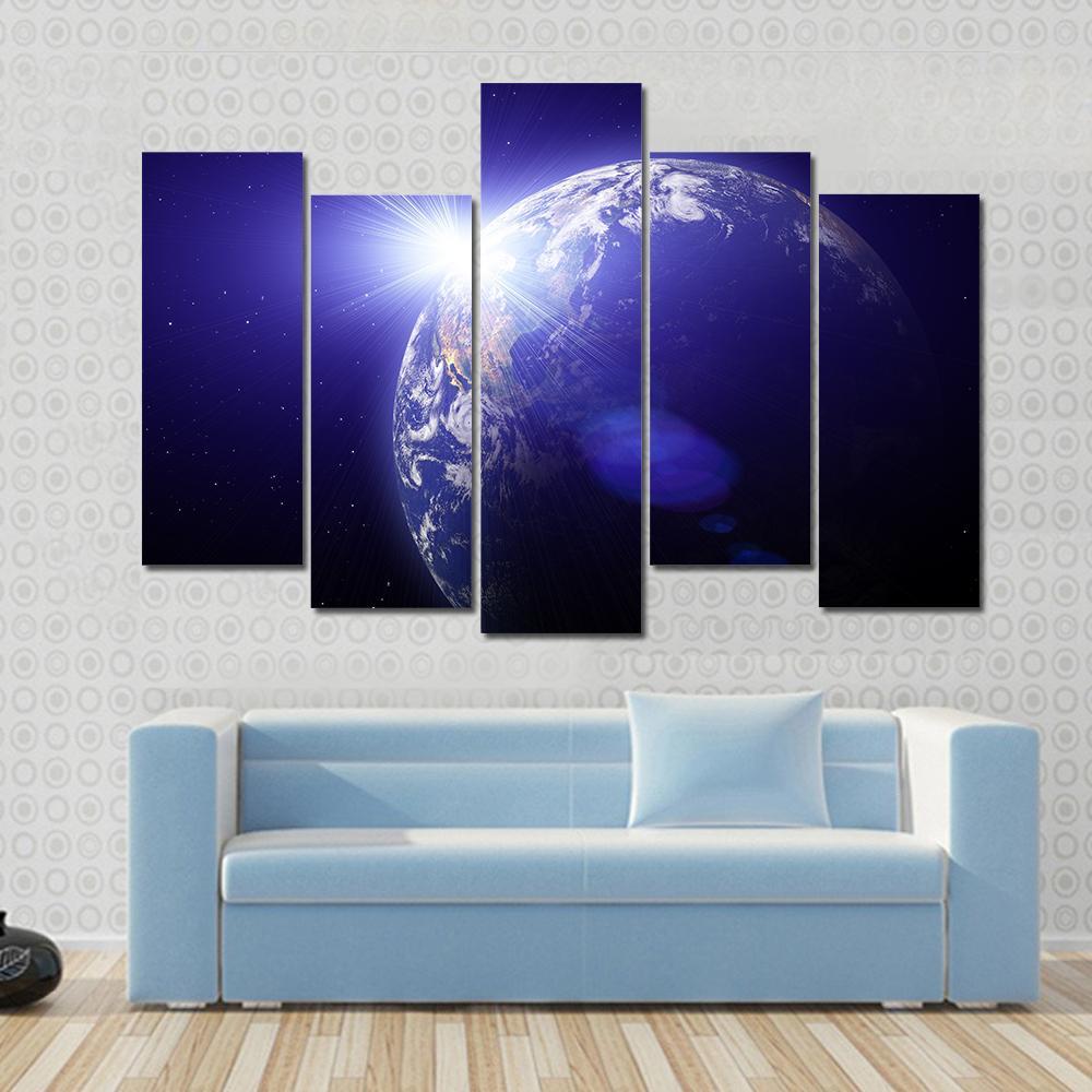 Planet Earth And Sun View From Outer Space Canvas Wall Art-5 Pop-Gallery Wrap-47" x 32"-Tiaracle