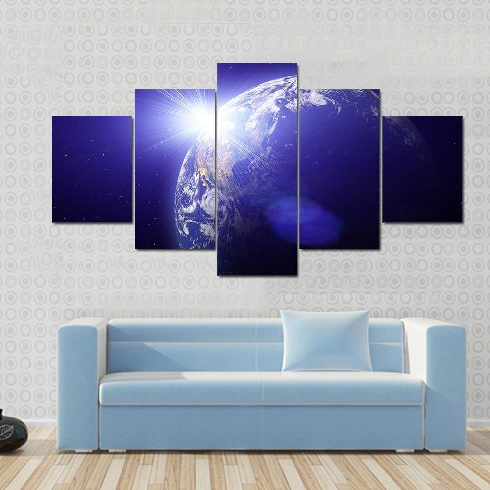 Planet Earth And Sun View From Outer Space Canvas Wall Art-5 Star-Gallery Wrap-62" x 32"-Tiaracle