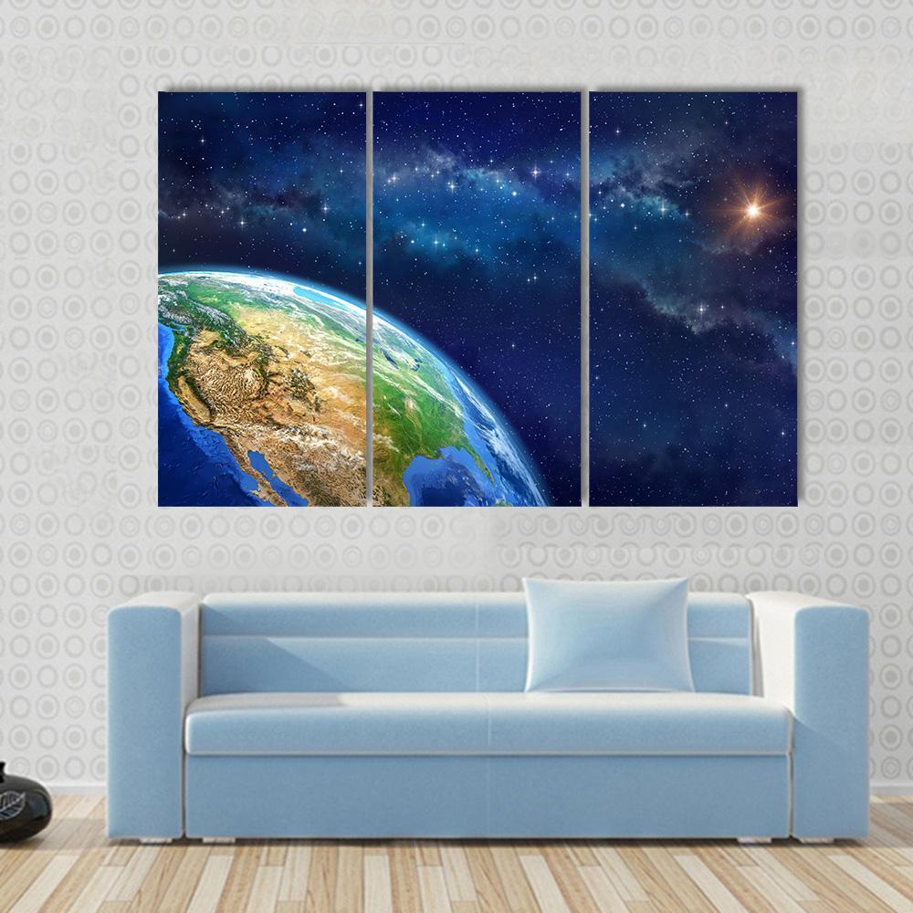 Planet Earth In Outer Space Canvas Wall Art-3 Horizontal-Gallery Wrap-37" x 24"-Tiaracle