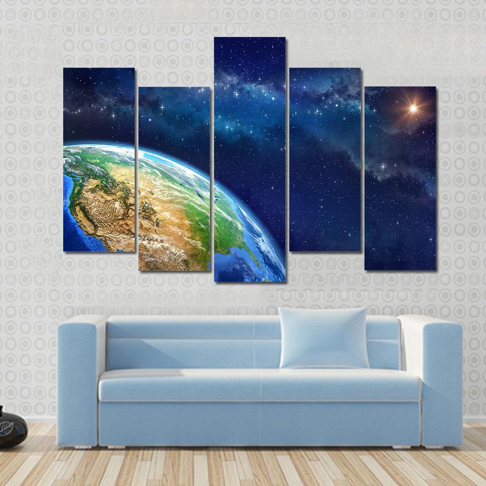 Planet Earth In Outer Space Canvas Wall Art-5 Pop-Gallery Wrap-47" x 32"-Tiaracle