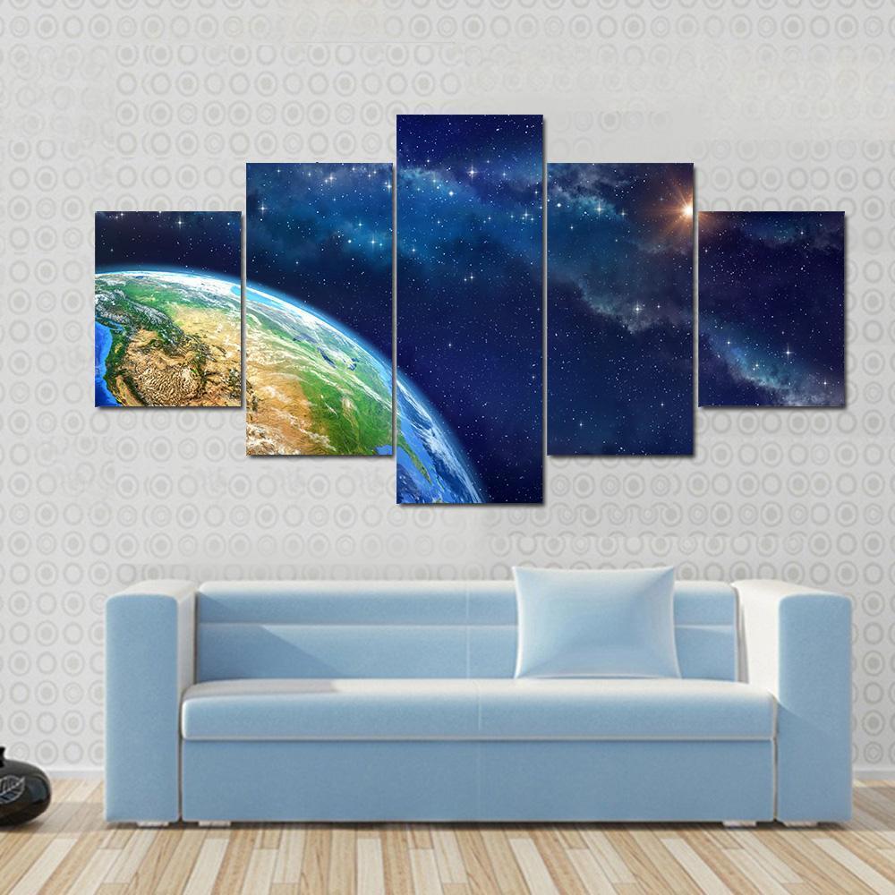 Planet Earth In Outer Space Canvas Wall Art-5 Star-Gallery Wrap-62" x 32"-Tiaracle