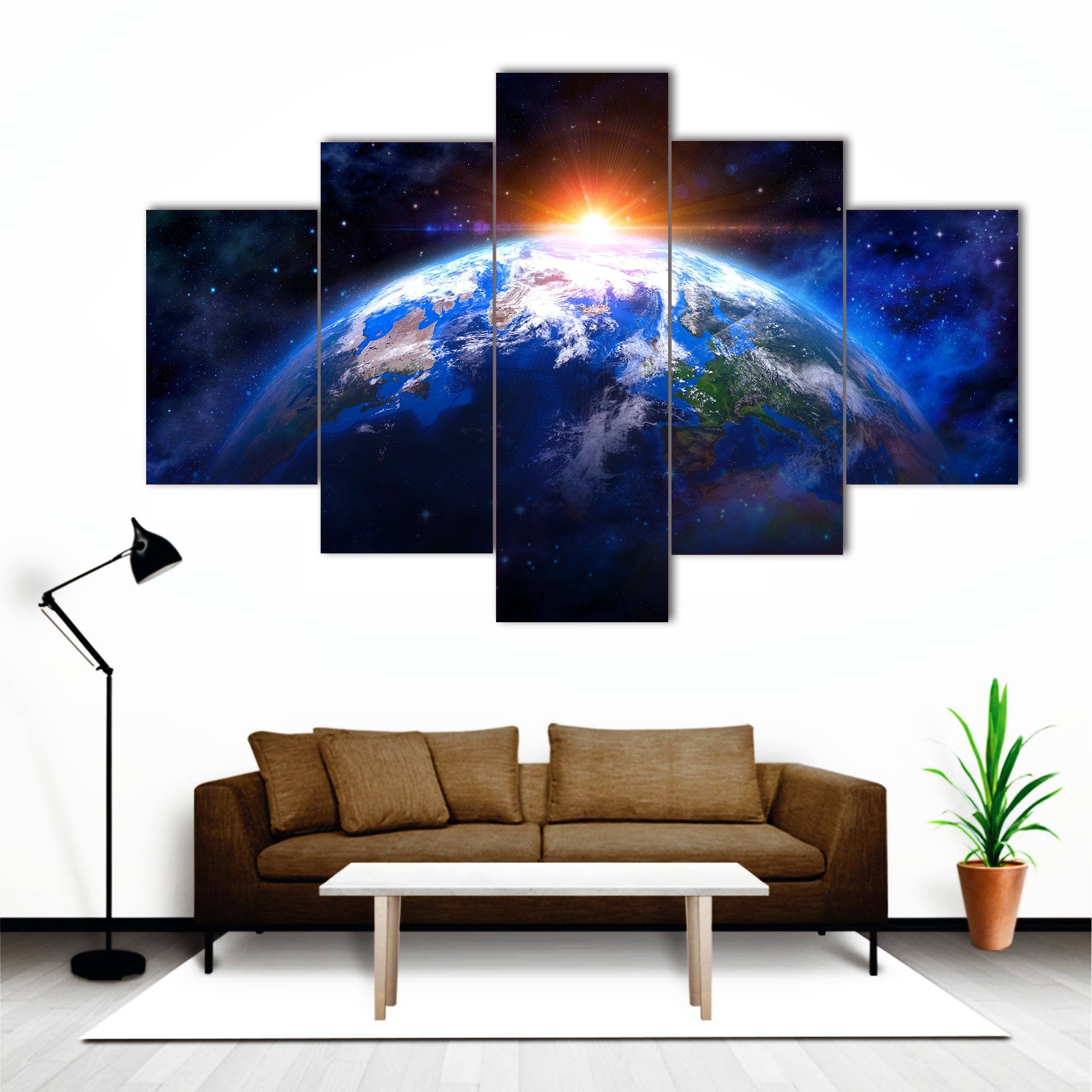 Planet Earth In Outer Space With Rising Sun Canvas Wall Art-5 Star-Gallery Wrap-62" x 32"-Tiaracle