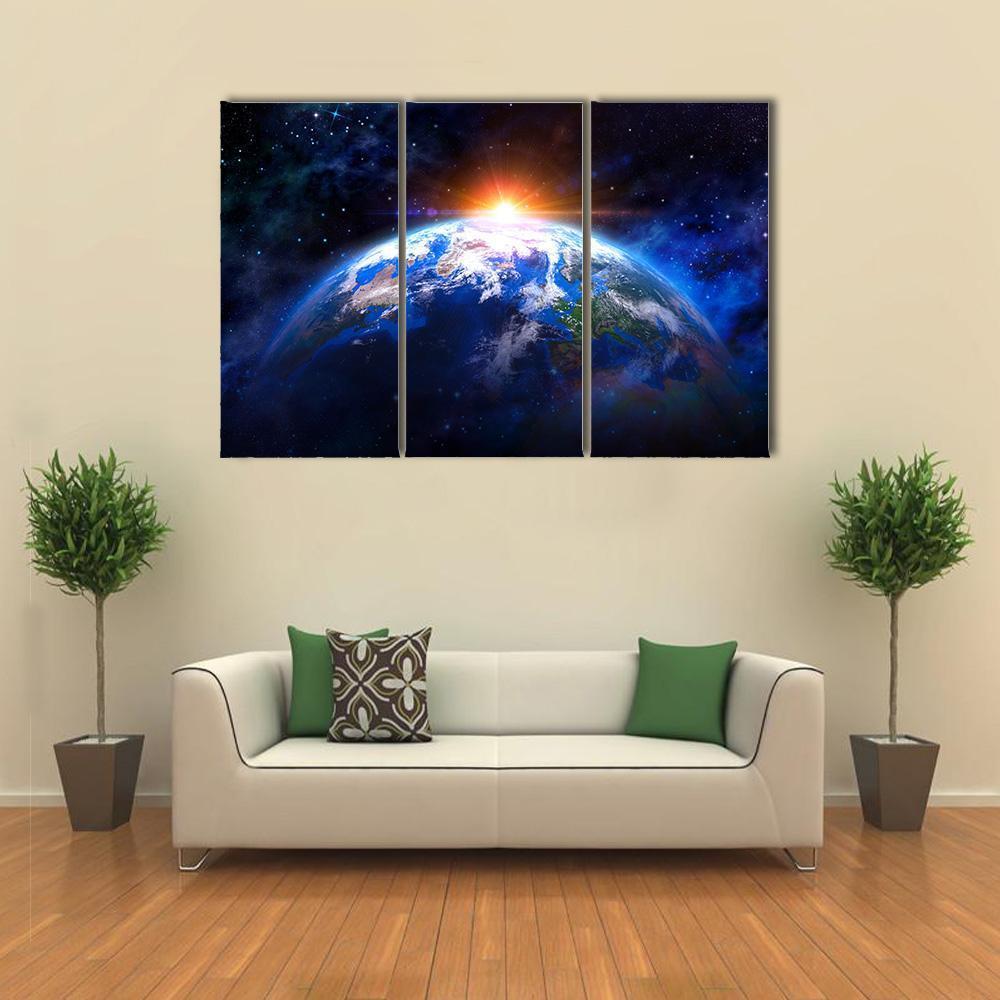 Planet Earth In Outer Space With Rising Sun Canvas Wall Art-3 Horizontal-Gallery Wrap-37" x 24"-Tiaracle