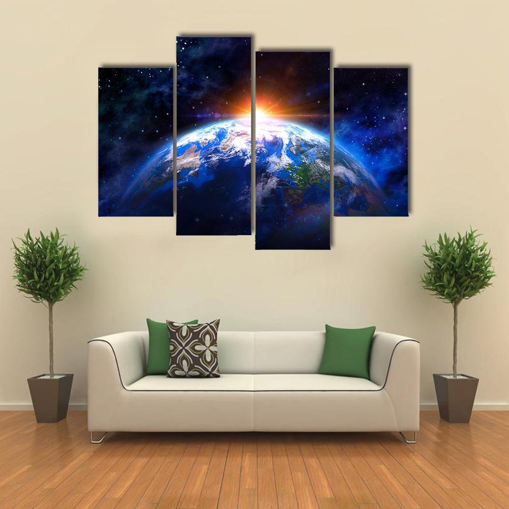 Planet Earth In Outer Space With Rising Sun Canvas Wall Art-4 Pop-Gallery Wrap-50&quot; x 32&quot;-Tiaracle